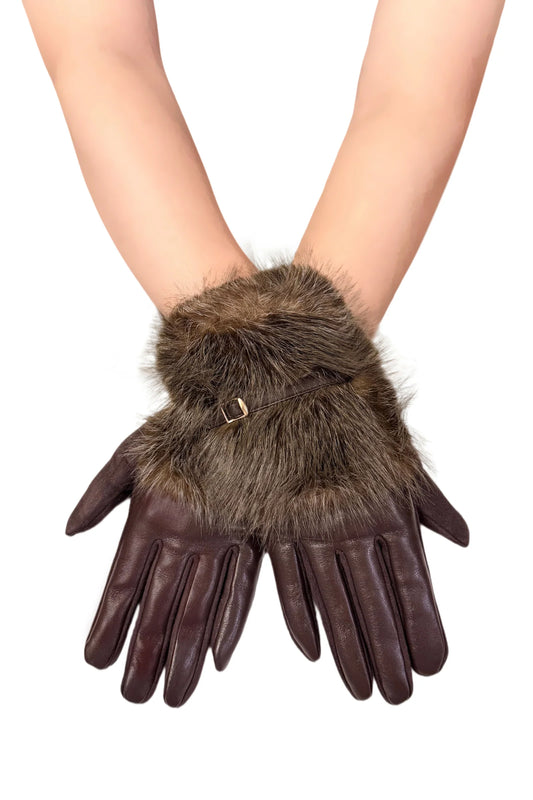 Dark brown faux leather gloves with plush faux fur cuffs and buckle detail.