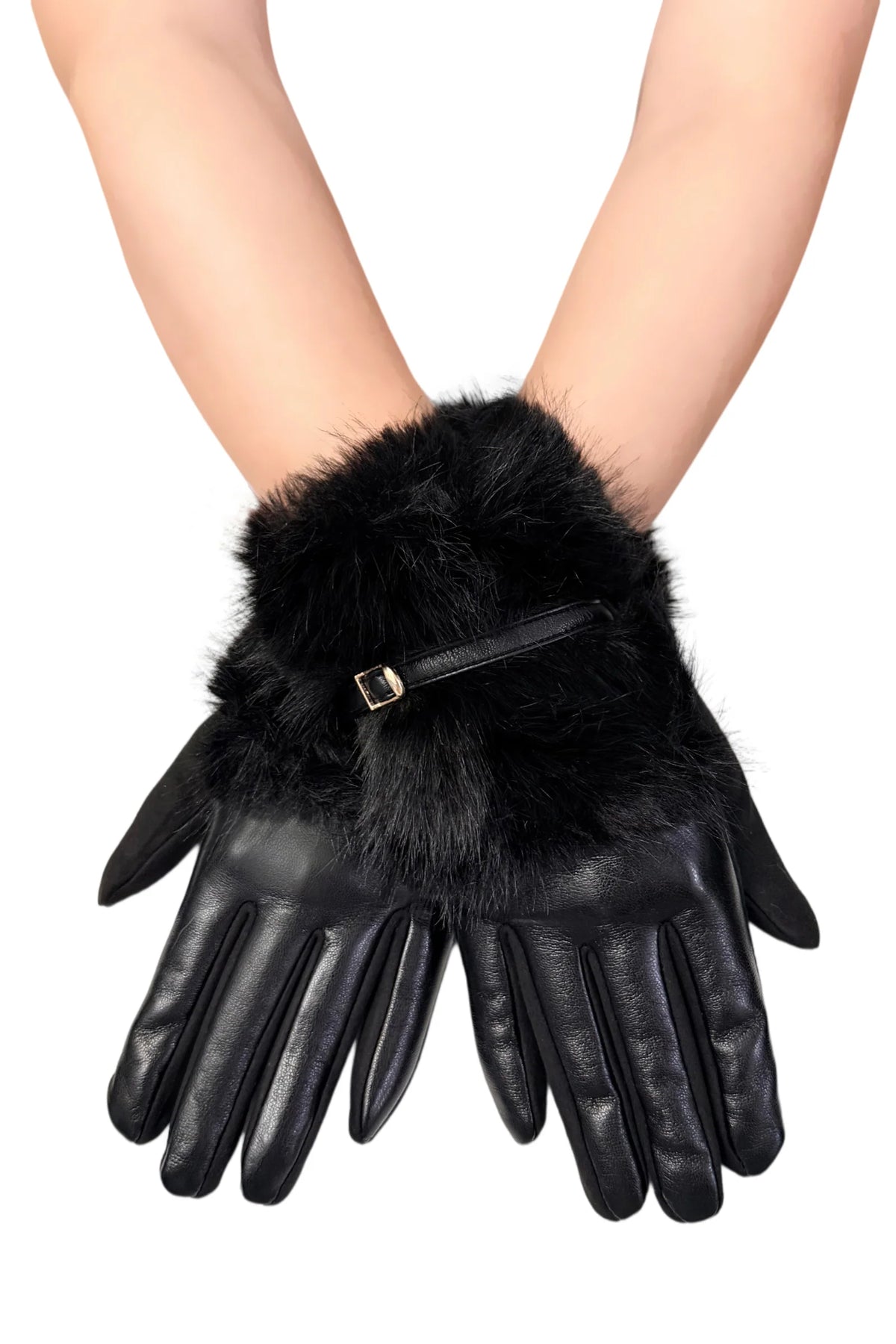Black faux leather gloves with plush faux fur cuffs and buckle detail.