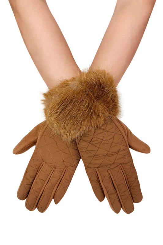 Chestnut quilted touchscreen gloves with plush faux fur cuffs.