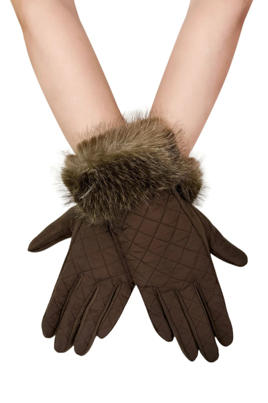 A pair of dark brown quilted gloves with a thick brown faux fur trim at the cuffs