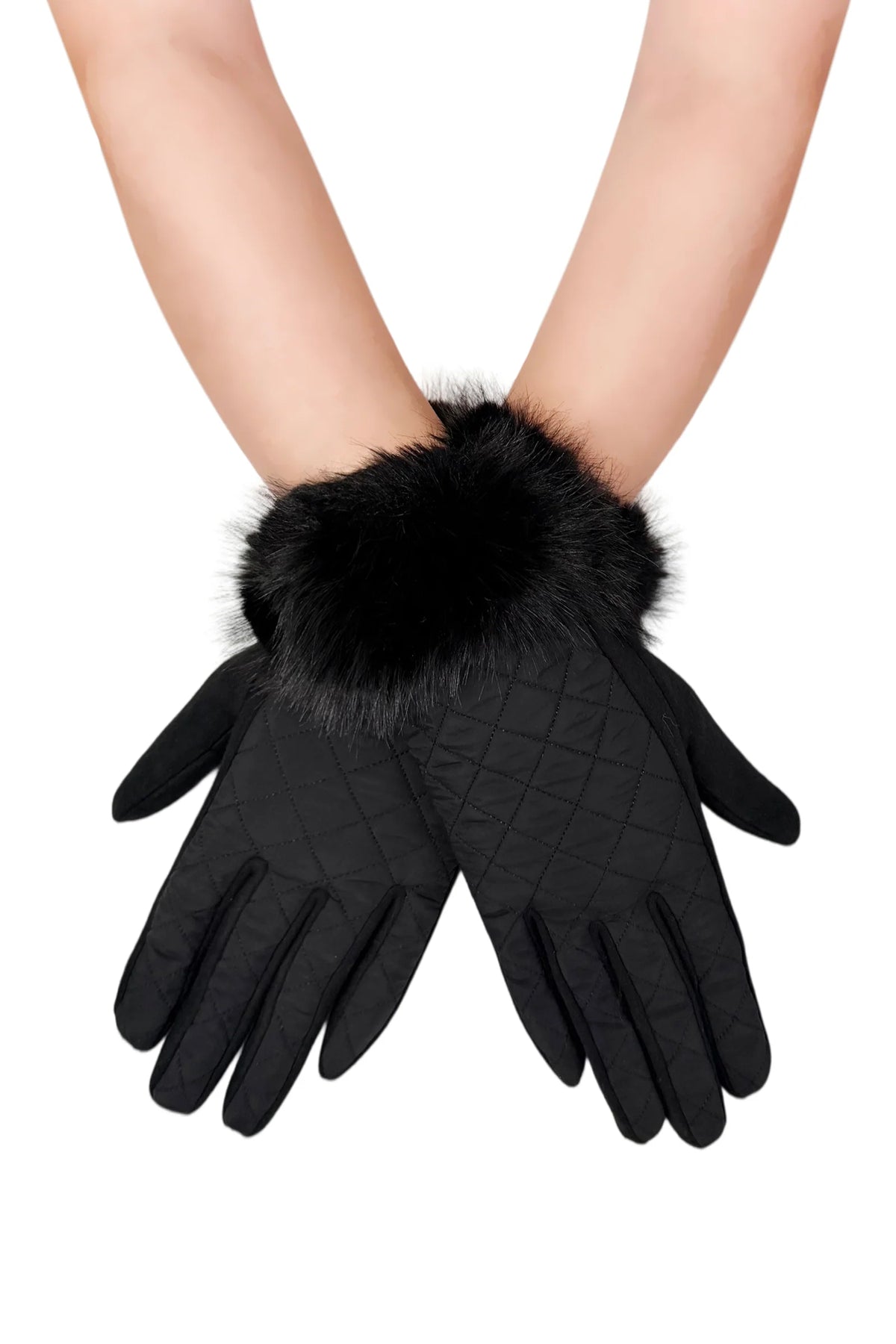 Black quilted touchscreen gloves with plush faux fur cuffs.