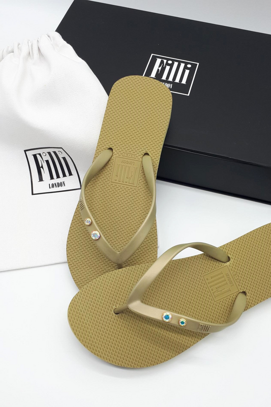 Aurora Crystal Duo Luxury Flip Flops - Gold - Filli London