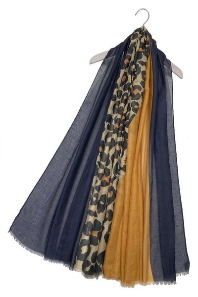 Leopard Print Colour Block Frayed Scarf In Navy - Filli London