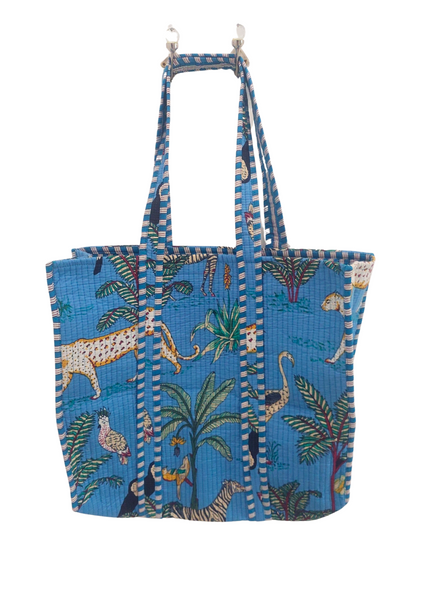 Reversible Quilted Cotton Jungle Print Tote/Beach Bag In Blue