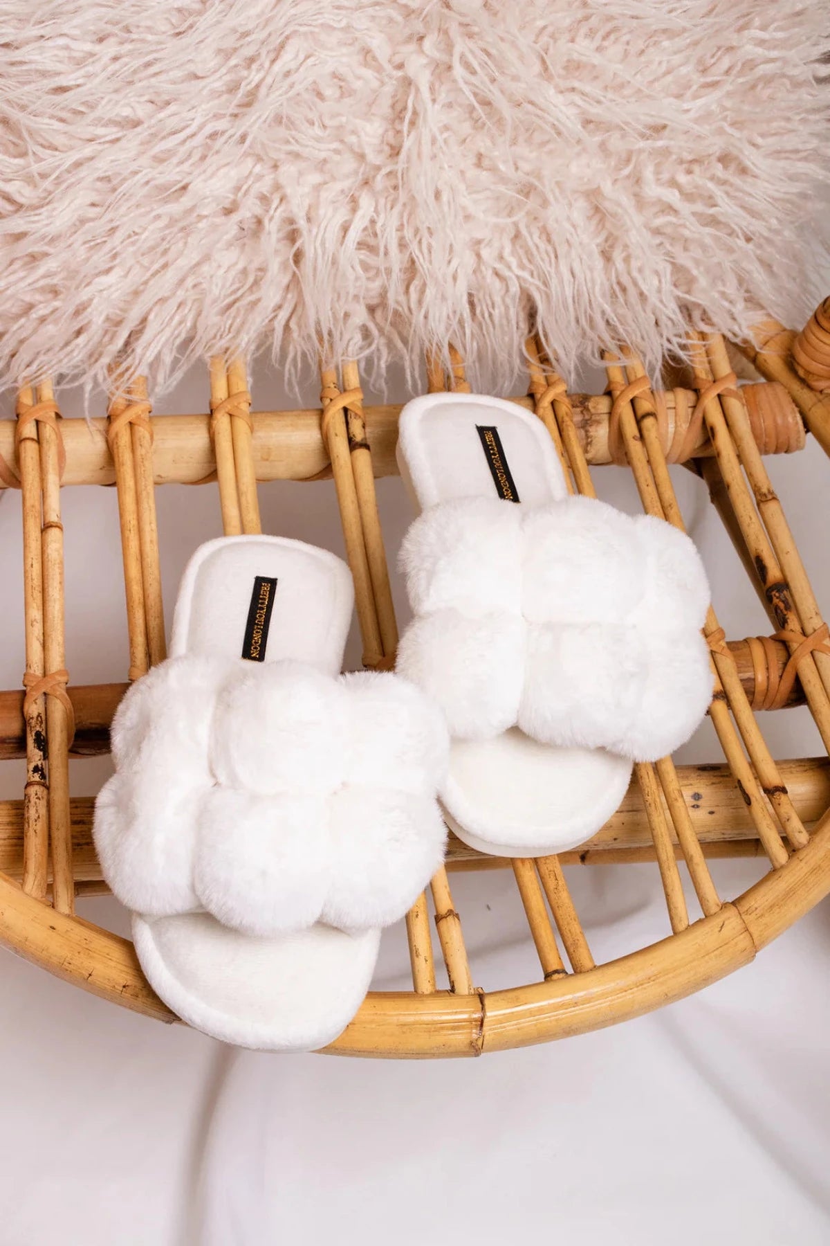 Oversized Pom Pom Slider Slippers In Cream