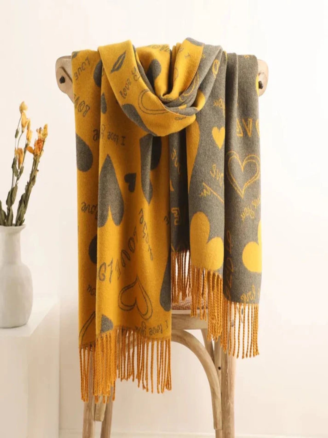 Love Heart Reversible Winter Wrap Scarf With Cashmere In Mustard
