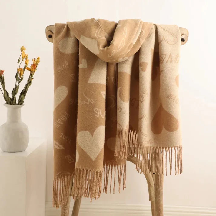 Love Heart Reversible Winter Wrap Scarf With Cashmere In Beige