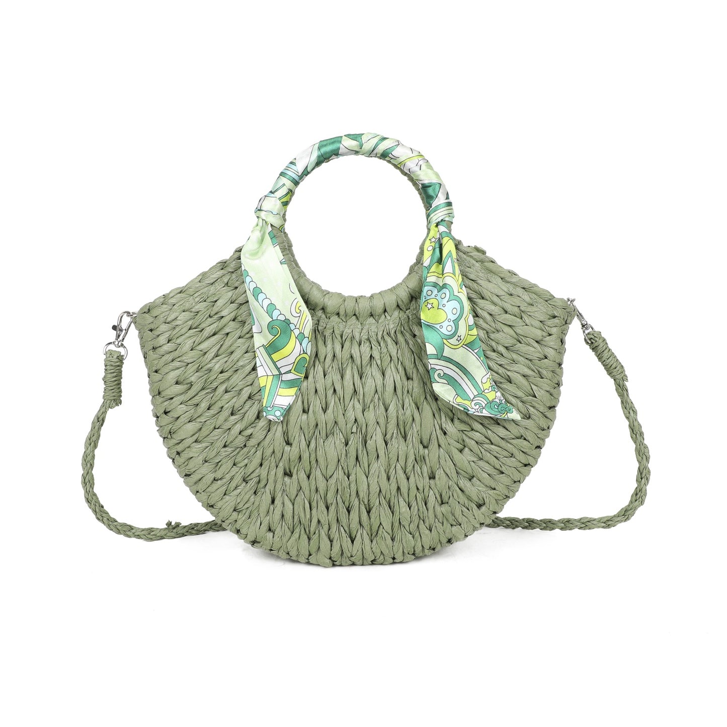 NEW ✨ Woven Scarf Handle Straw Grab Bag With Strap in Green