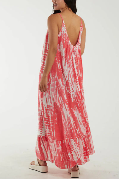 Tia Tie Dye Cami Strap Tiered Maxi Dress In Coral