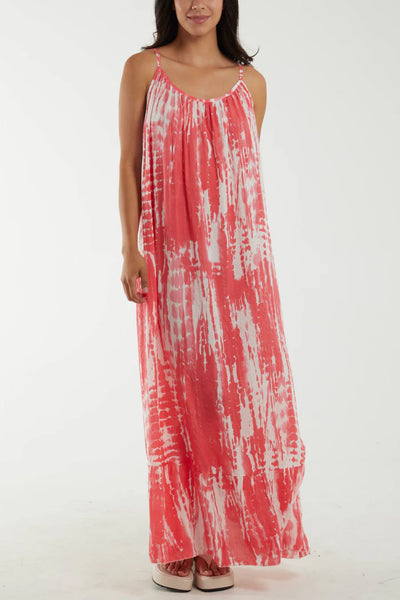 Tia Tie Dye Cami Strap Tiered Maxi Dress In Coral