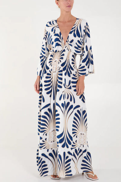 Sienna Swirl Feather Print Maxi Dress In Blue