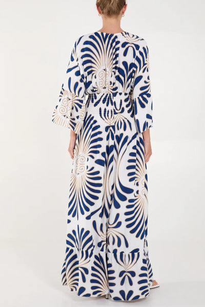 Sienna Swirl Feather Print Maxi Dress In Blue