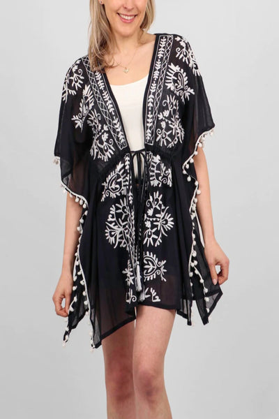 Navy Blue kaftan With White Embroidery And Pom Poms - Filli London