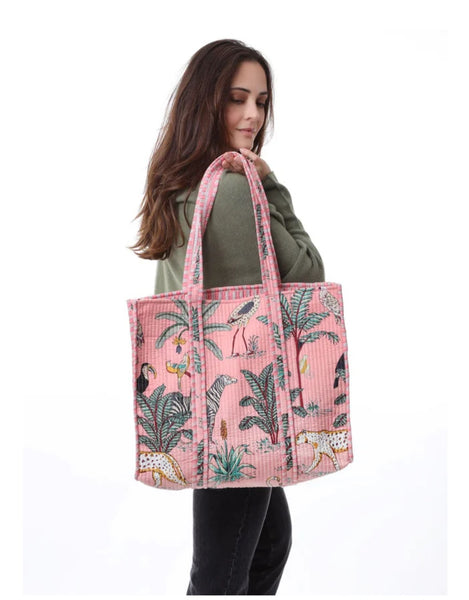 Reversible Quilted Cotton Jungle Print Tote/Beach Bag In Pink