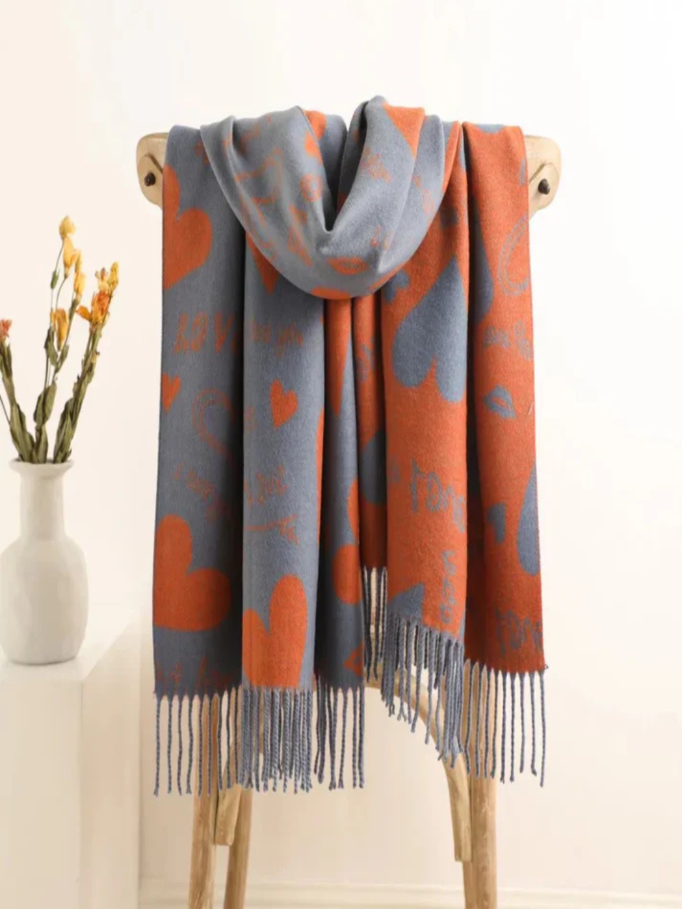 Love Heart Reversible Winter Wrap Scarf With Cashmere In Blue/Orange