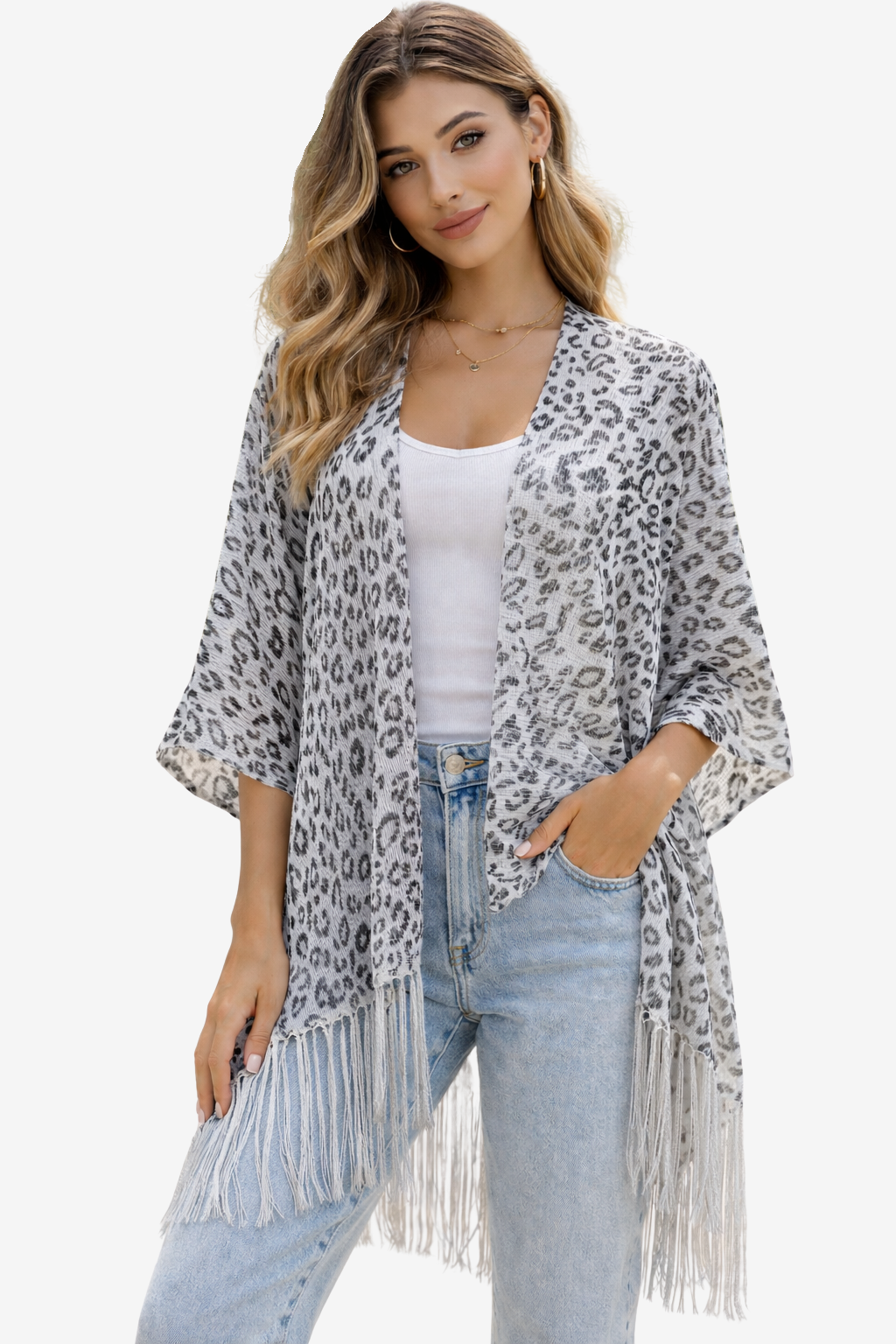 Leopard Luxe Shimmer Kimono In Silver Moon