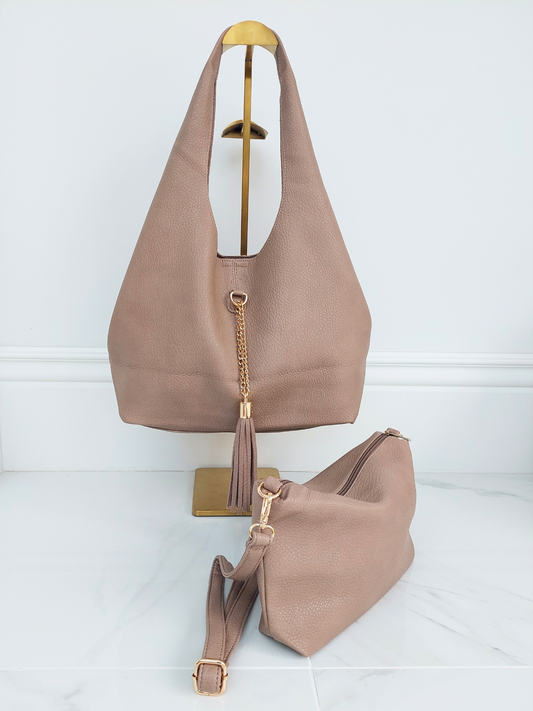 Leather Look Tote Bag Set In Taupe
