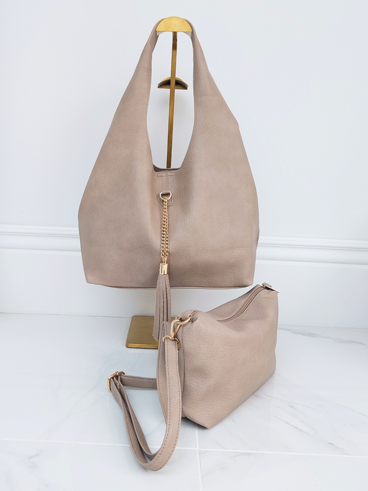 Leather Look Tote Bag Set In Sand