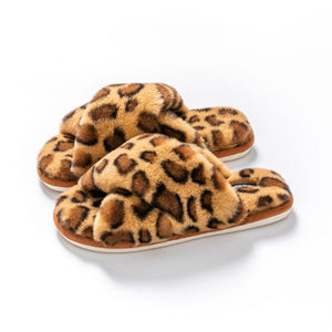 Wild Comfort Leopard Crossover Faux Fur Slippers In Tan