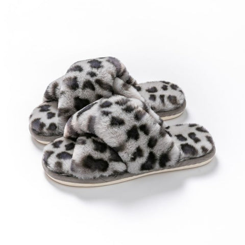 Wild Comfort Leopard Crossover Faux Fur Slippers In Silver Grey