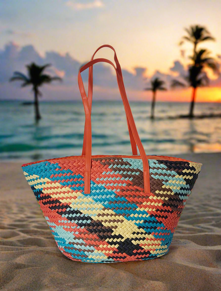 Woven Straw Beach Basket Bag In Orange Multi