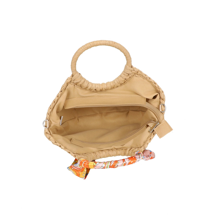 NEW ✨ Woven Scarf Handle Straw Grab Bag With Strap in Mocha - Filli London
