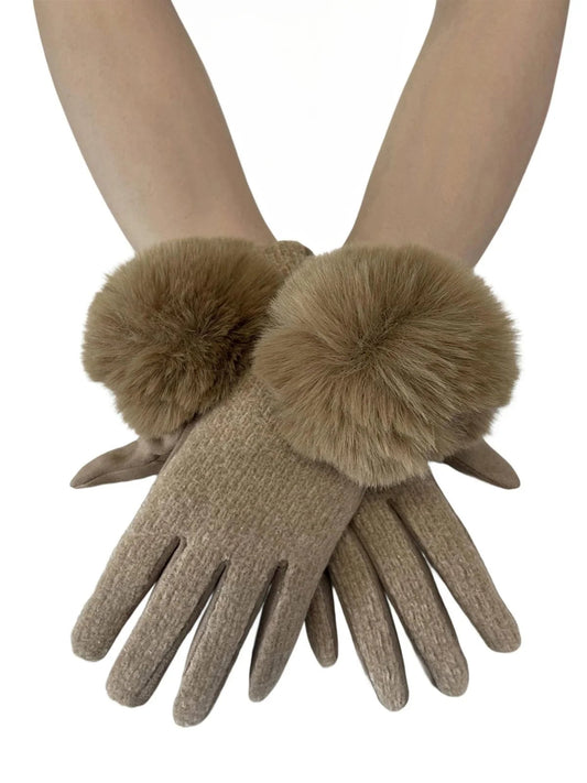 Fur Pom Pom Touch Screen Gloves In Beige - Filli London