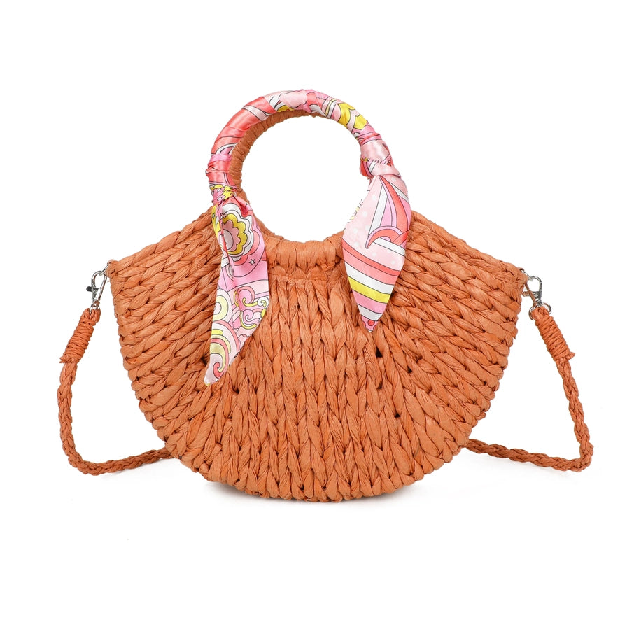 NEW ✨ Woven Scarf Handle Straw Grab Bag With Strap in Orange - Filli London