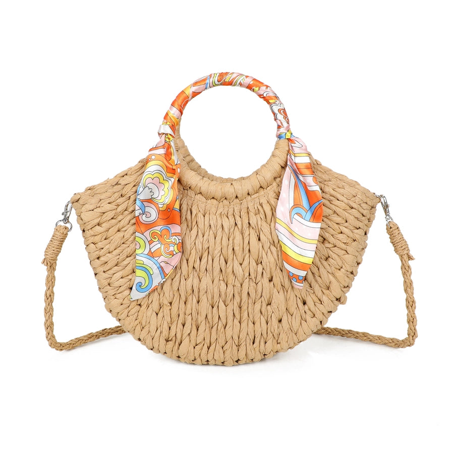 NEW ✨ Scarf Handle Straw Grab Bag With Strap in Stone - Filli London