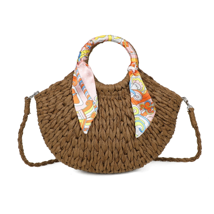 NEW ✨ Woven Scarf Handle Straw Grab Bag With Strap in Mocha - Filli London