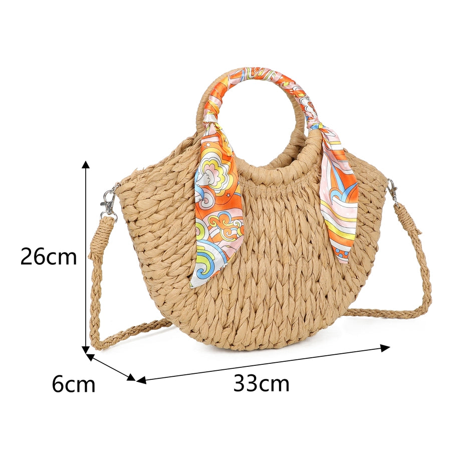 NEW ✨ Woven Scarf Handle Straw Grab Bag With Strap in Mocha - Filli London