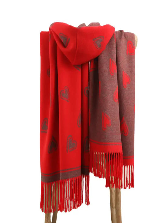 Reversible Heart Print Cashmere Blend Scarf In Red
