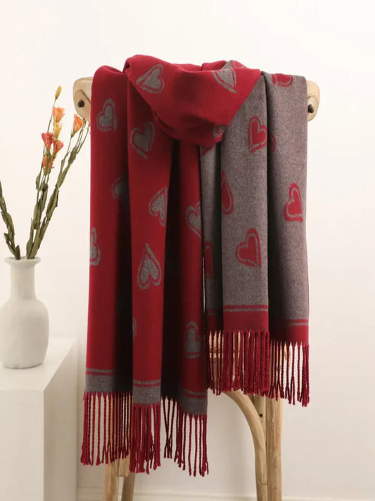 Reversible Heart Print Cashmere Blend Scarf In Wine