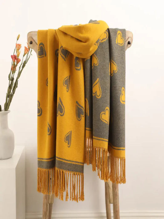 Reversible Heart Print Cashmere Blend Scarf In Mustard Yellow