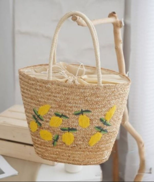 NEW ✨ Zesty Lemon Embroidered Straw Lined Basket Bag
