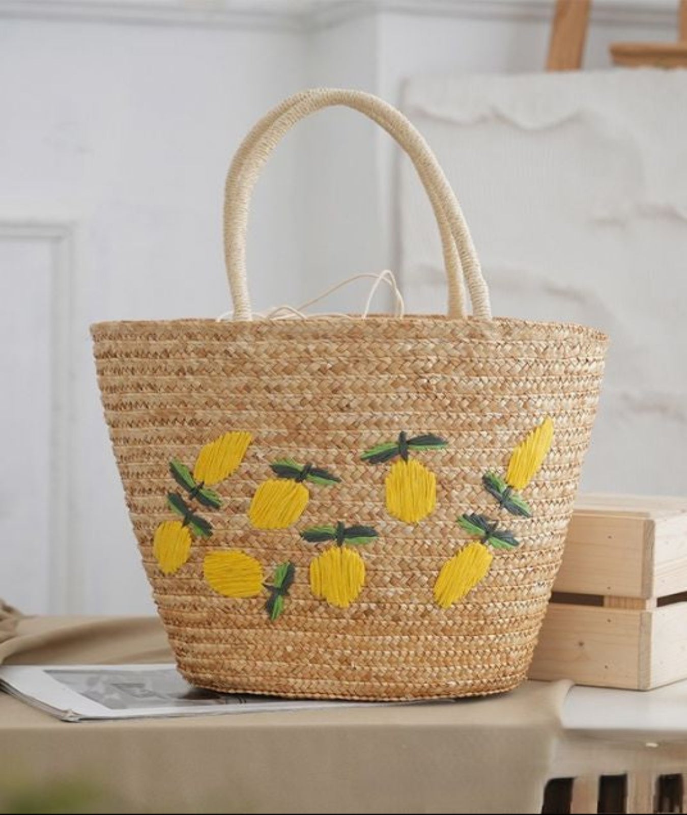 NEW ✨ Zesty Lemon Embroidered Straw Lined Basket Bag