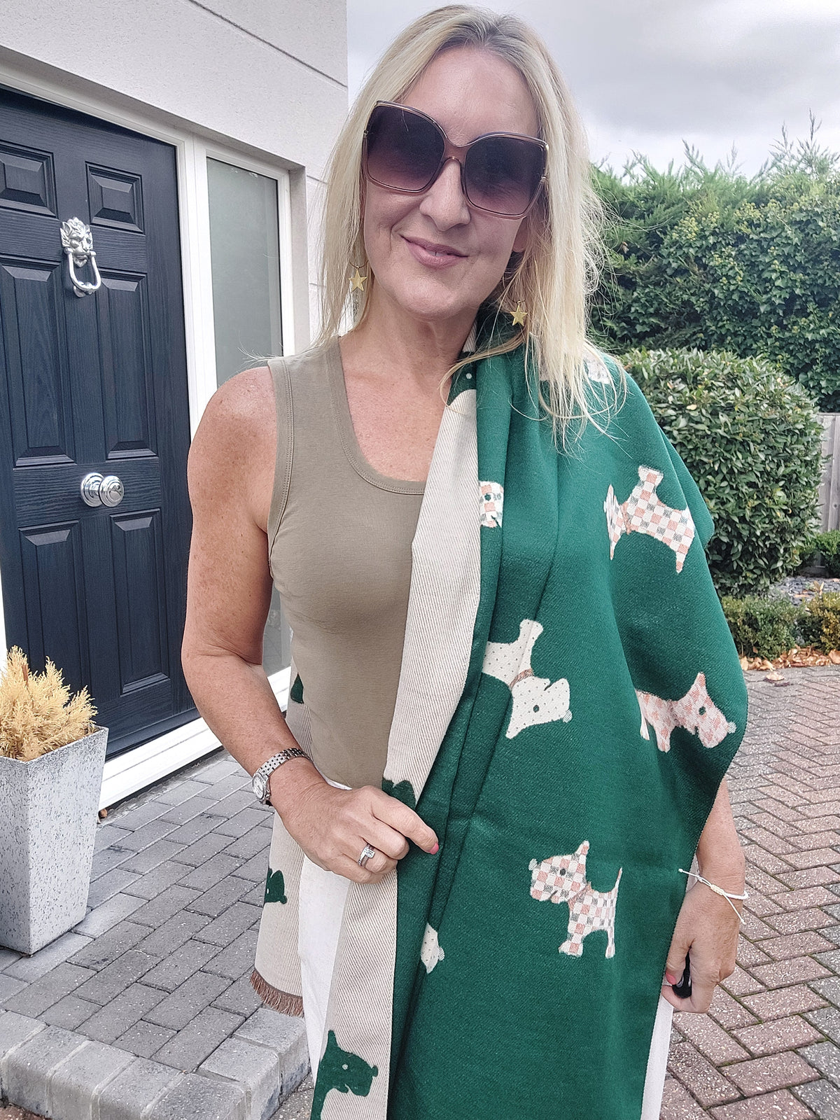 Reversible Scottie Dog Print Winter Scarf In Green