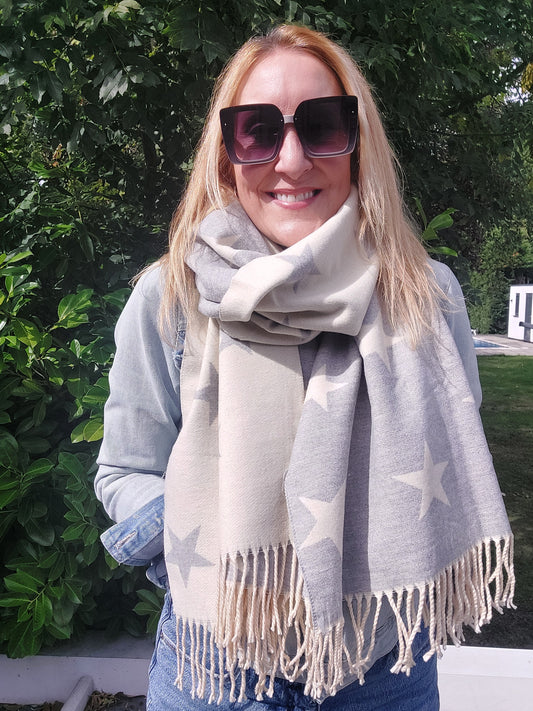 Star Pattern Reversible Winter Cashmere Wrap Tassel Scarf In Cream