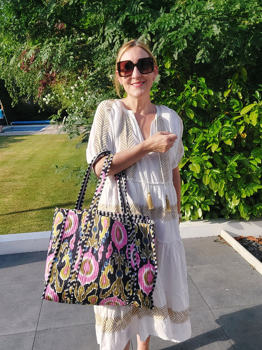 Reversible Quilted Cotton Ikat Print Tote Beach Bag In Navy Blue