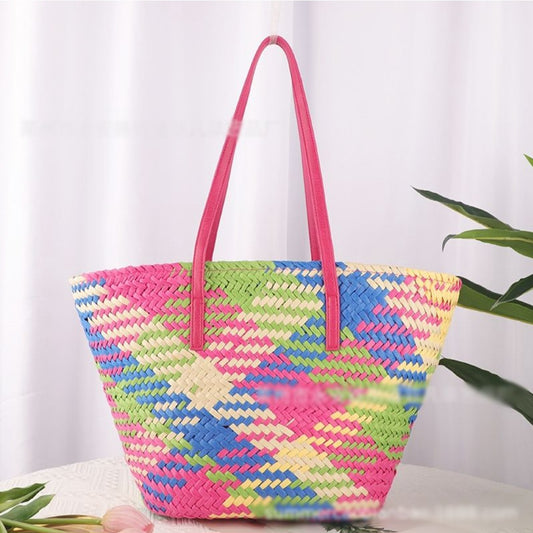 Woven Straw Beach Basket Bag In Pink Multi