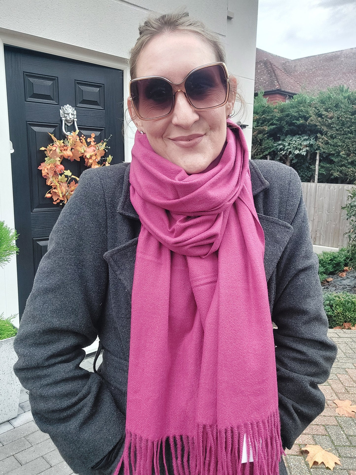 Plain Soft Wool Tassel Blanket Wrap Scarf In Magenta