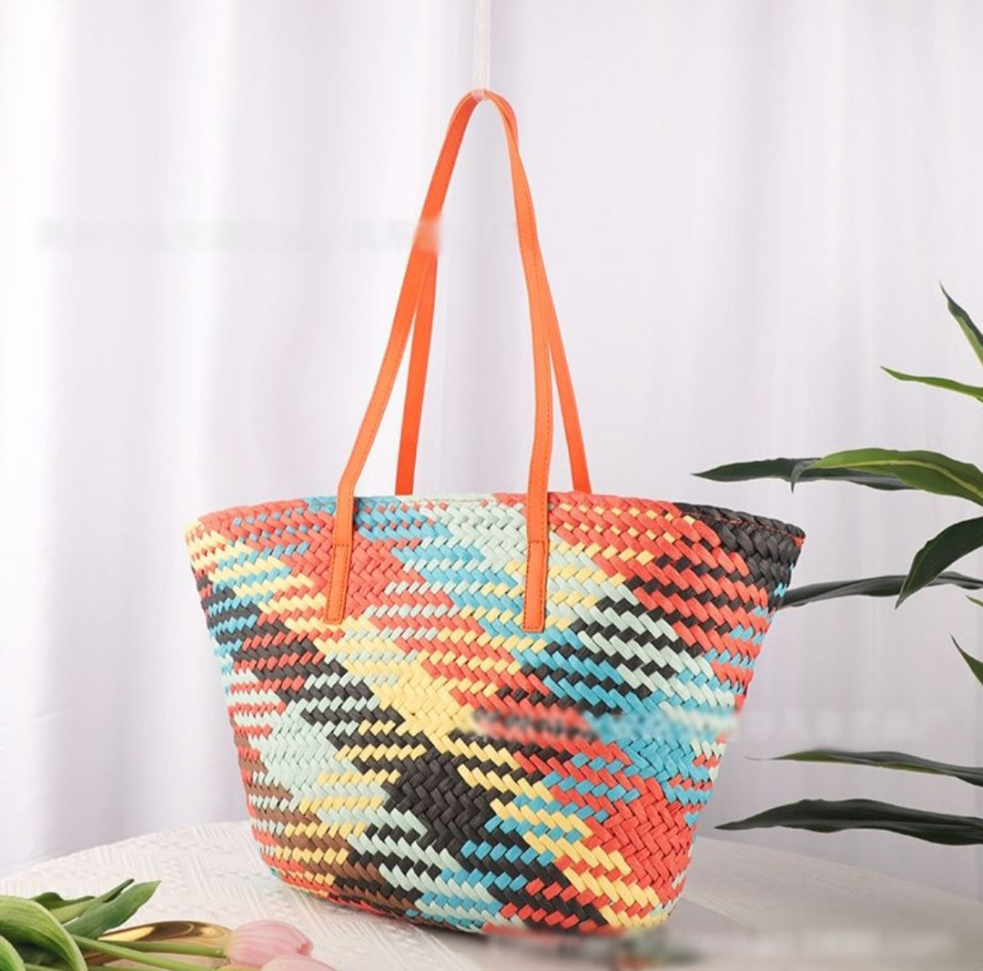 Woven Straw Beach Basket Bag In Orange Multi