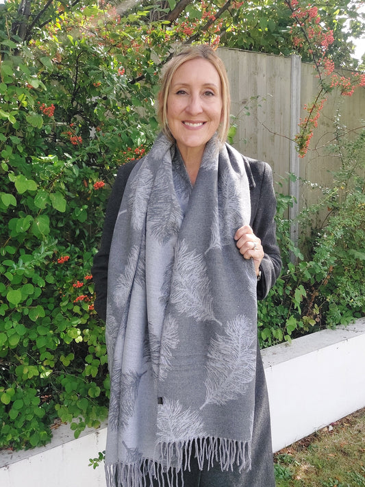 Feather Pattern Reversible Winter Cashmere Wrap Tassel Scarf In Grey