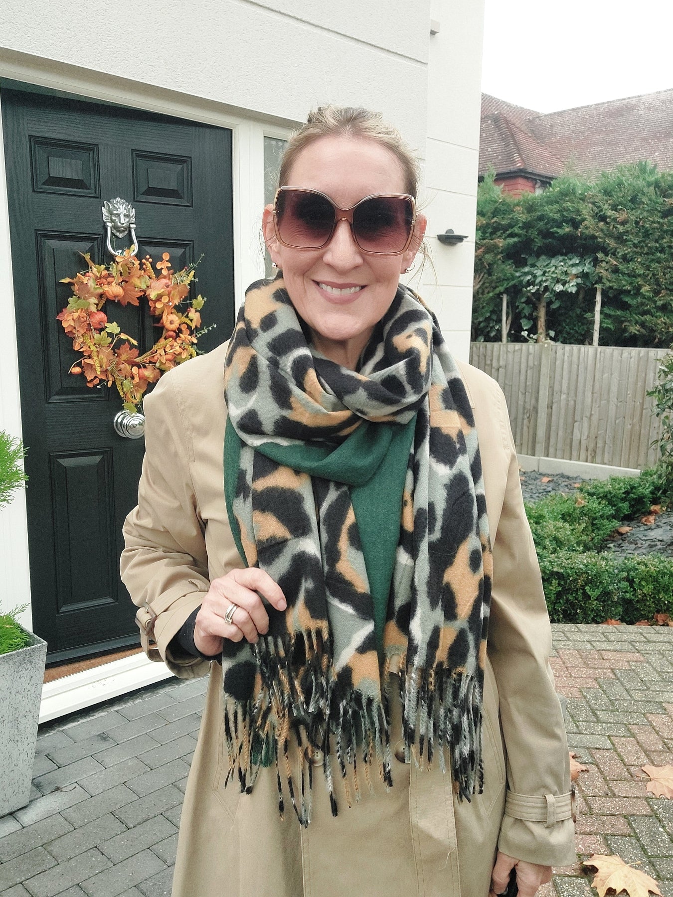Green And Gold Leopard Print Soft Wool Tassel Scarf - Filli London