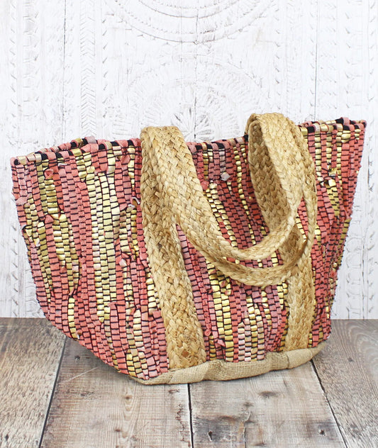 Luxe Edit 💎 Handwoven Leather & Straw Luxe Tote In Coral/Gold