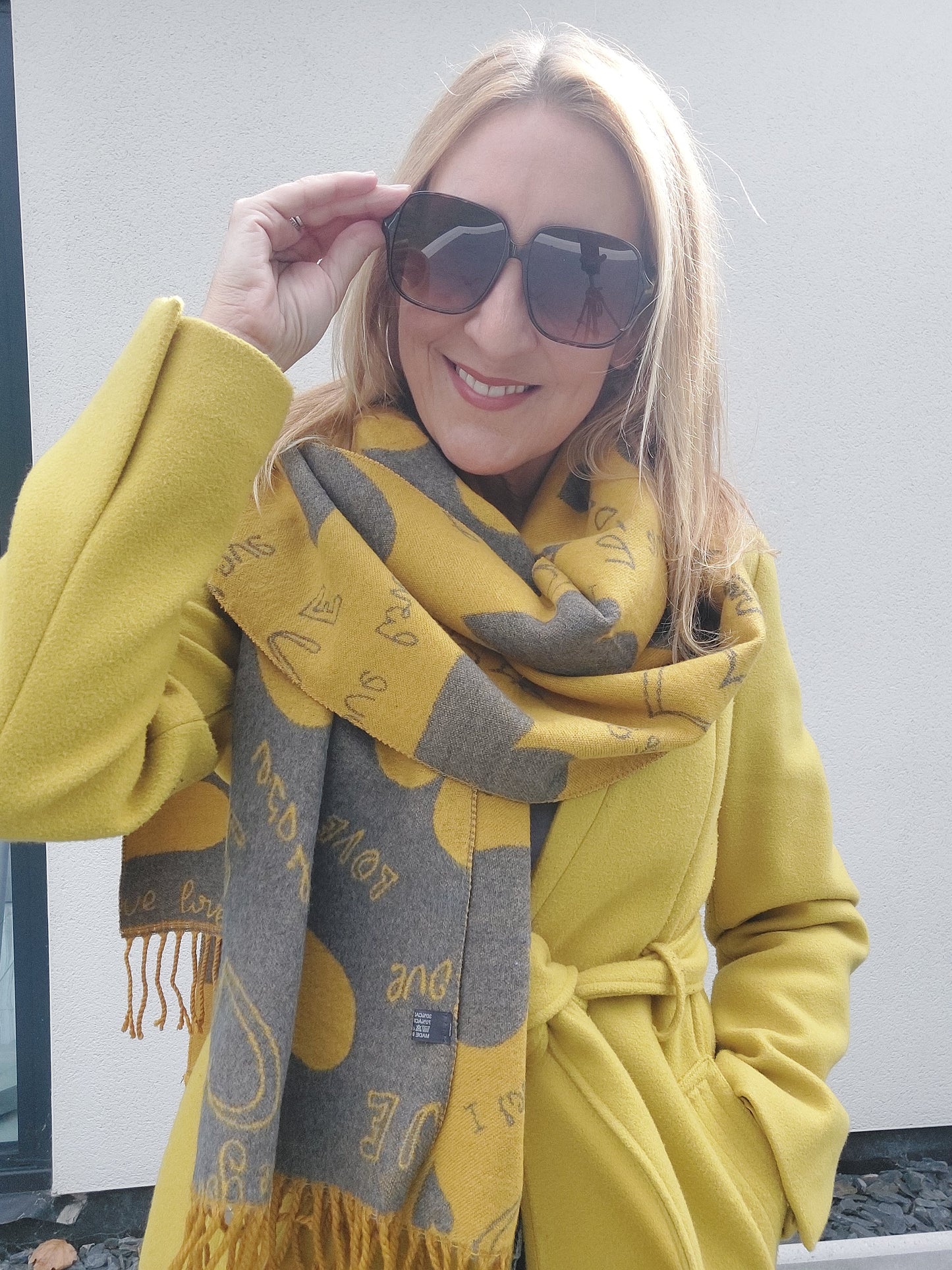Love Heart Reversible Winter Wrap Scarf With Cashmere In Mustard
