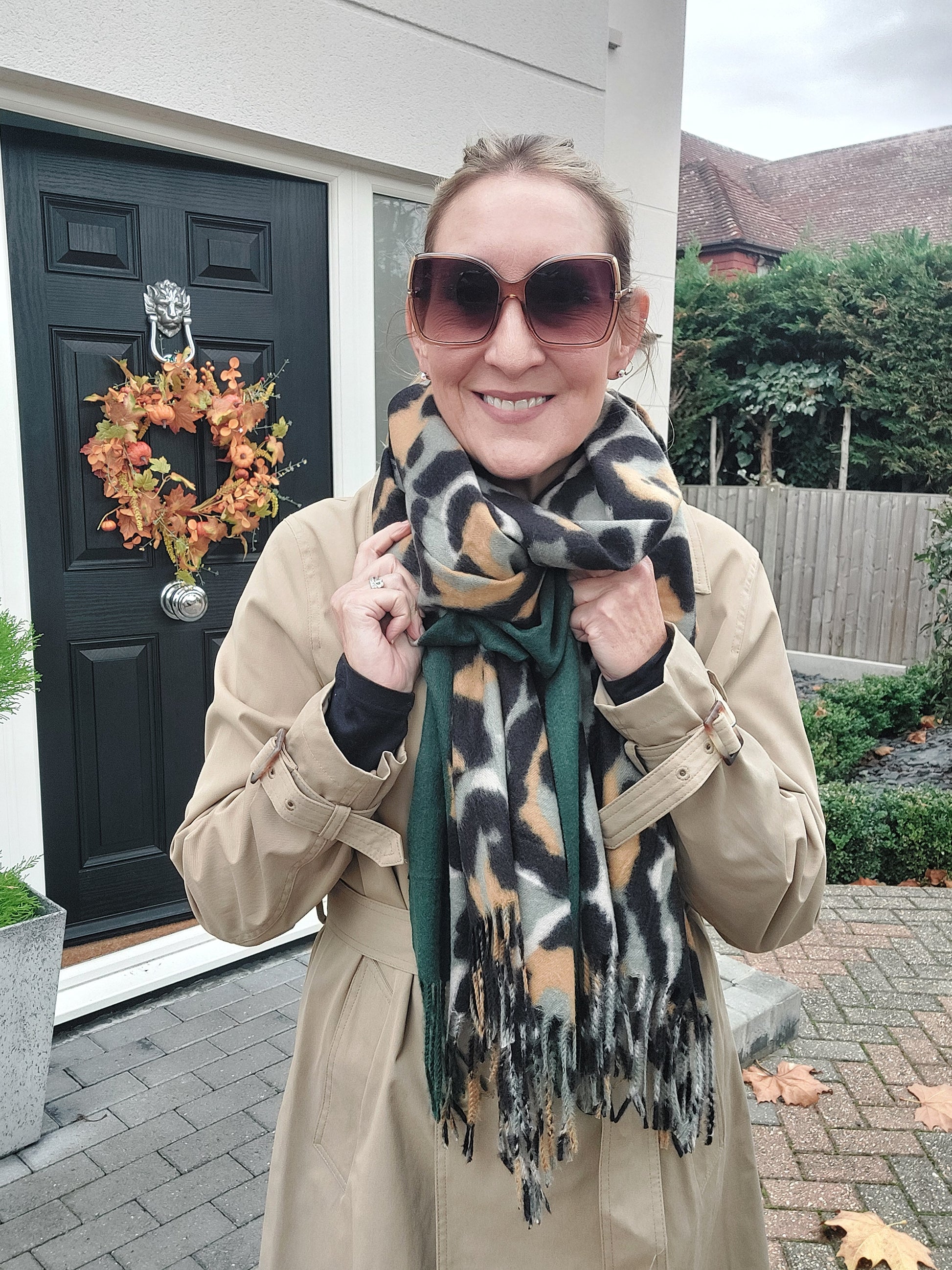 Green And Gold Leopard Print Soft Wool Tassel Scarf - Filli London