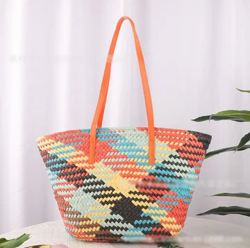 Woven Straw Beach Basket Bag In Orange Multi