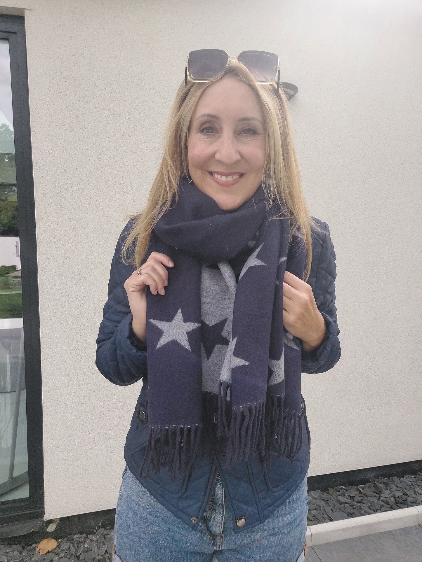 Star Pattern Reversible Winter Cashmere Wrap Tassel Scarf In Navy/White