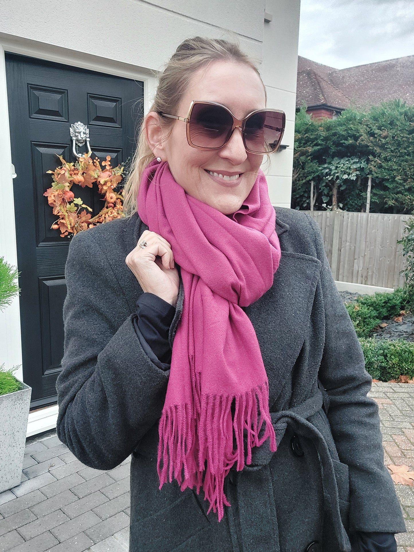 Plain Soft Wool Tassel Blanket Wrap Scarf In Magenta